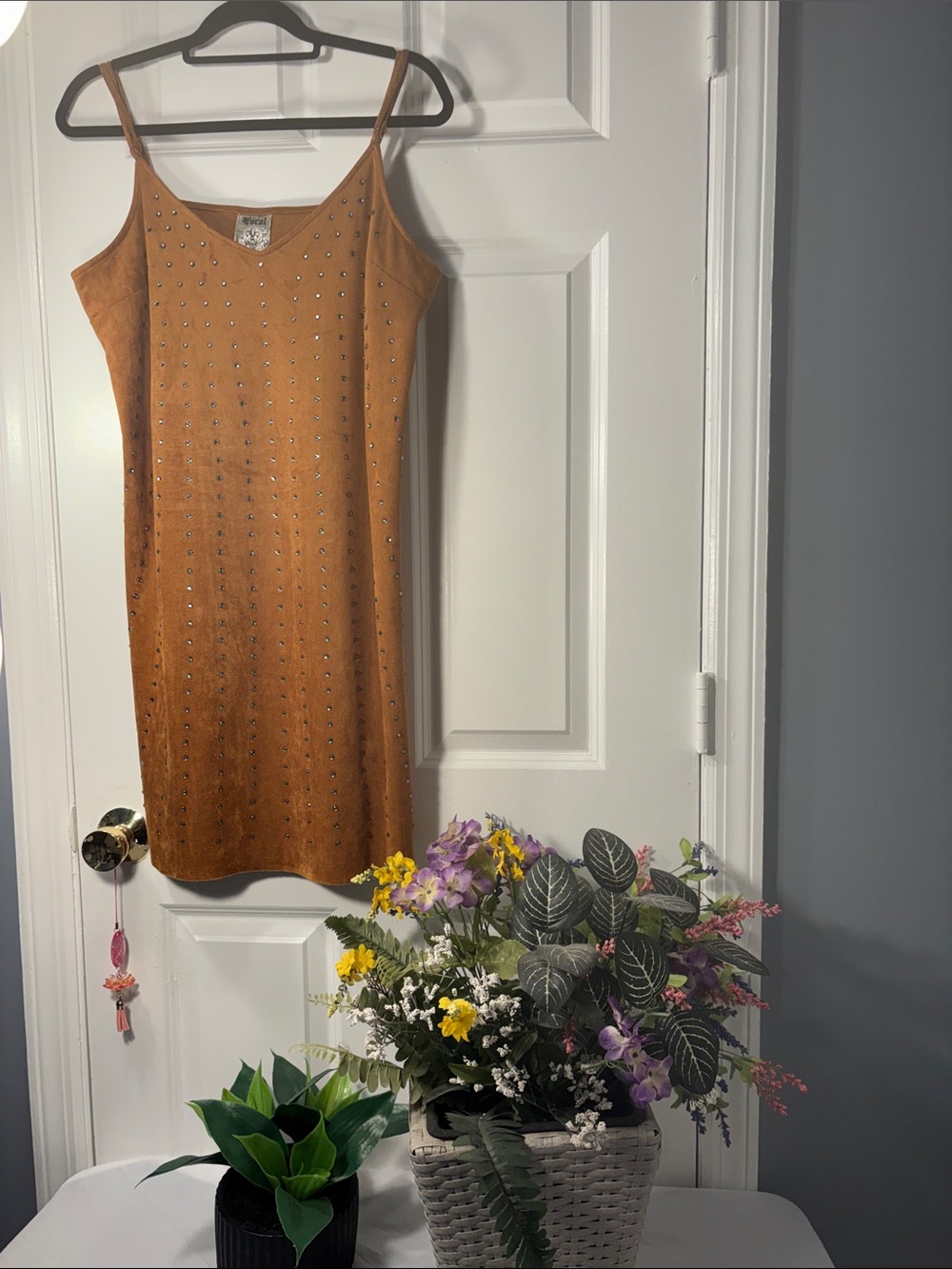 Vocal Camel Faux Suede Rhinestone Embellished Dress XL NWT